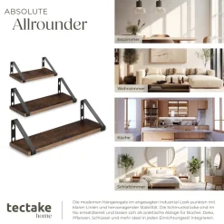 TecTake ® 3er Set Wandregal, Industrial Style, Belastbarkeit je Regal 15 kg, Höhe 12 cm Industrial Holz dunkel, rustikal Hot