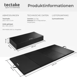 TecTake ® Gymnastikmatte, klappbar und erweiterbar, hautfreundlich und pflegeleicht, 240 x 120 x 5 cm schwarz Outlet