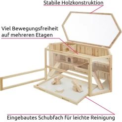 TecTake ® Hamsterkäfig, aus Holz, aufklappbares Dachgitter, 115 x 60 x 58 cm Outlet