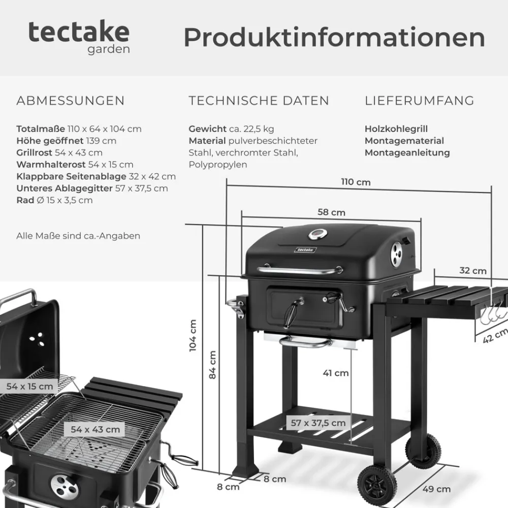 ® Holzkohlegrill, mit 2 Rädern, höhenverstellbare Holzkohlewanne mit Ascheschublade, 110 x 64 x 104 cm, untere Gitterablage ^ TecTake Outlet