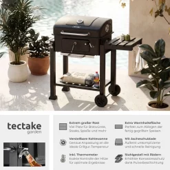 ® Holzkohlegrill, mit 2 Rädern, höhenverstellbare Holzkohlewanne mit Ascheschublade, 110 x 64 x 104 cm, untere Gitterablage ^ TecTake Outlet