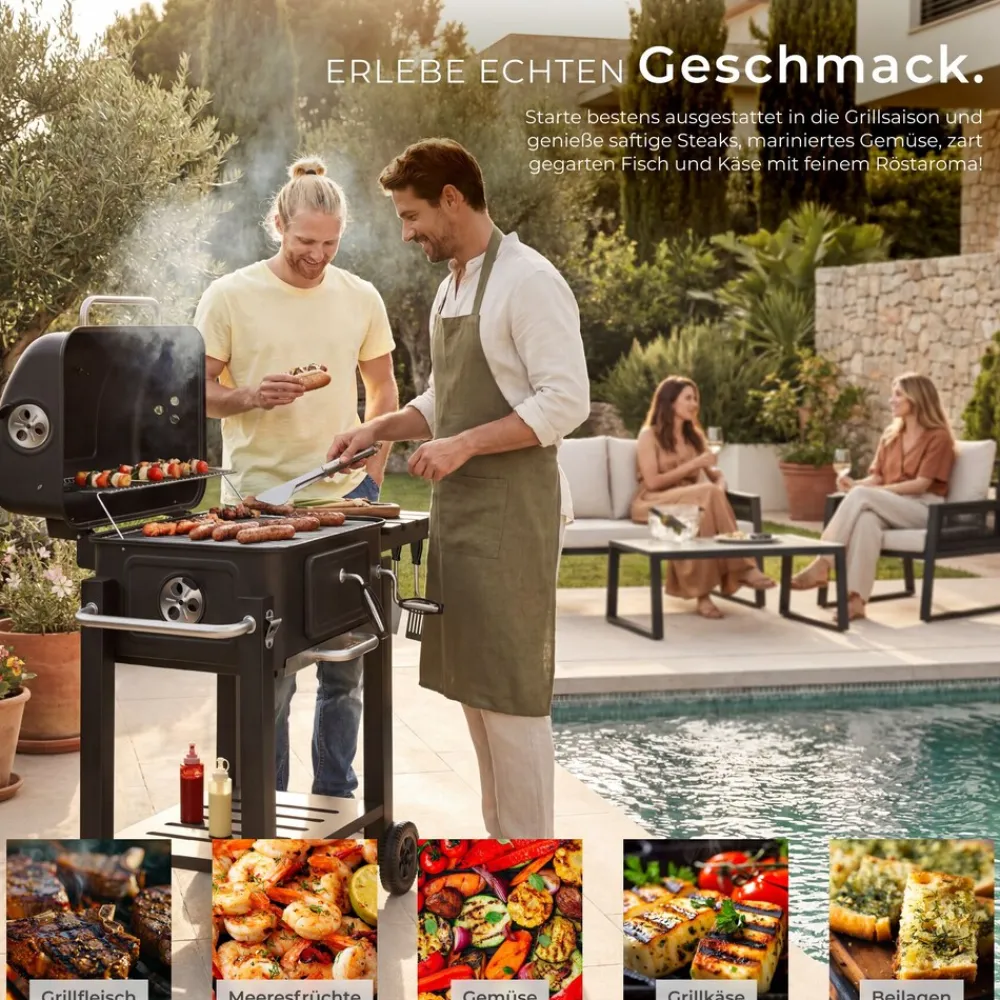 ® Holzkohlegrill, mit 2 Rädern, höhenverstellbare Holzkohlewanne mit Ascheschublade, 110 x 64 x 104 cm, untere Gitterablage ^ TecTake Outlet