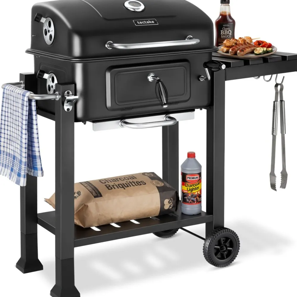 ® Holzkohlegrill, mit 2 Rädern, höhenverstellbare Holzkohlewanne mit Ascheschublade, 110 x 64 x 104 cm, untere Gitterablage ^ TecTake Outlet