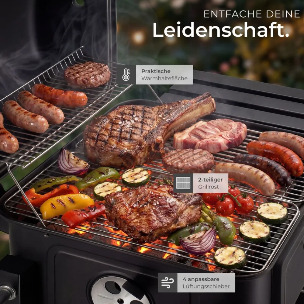 ® Holzkohlegrill, mit 2 Rädern, höhenverstellbare Holzkohlewanne mit Ascheschublade, 110 x 64 x 104 cm, untere Gitterablage ^ TecTake Outlet