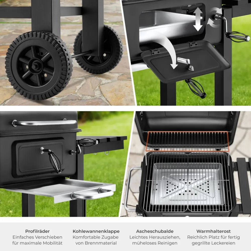 ® Holzkohlegrill, mit 2 Rädern, höhenverstellbare Holzkohlewanne mit Ascheschublade, 110 x 64 x 104 cm, untere Gitterablage ^ TecTake Outlet