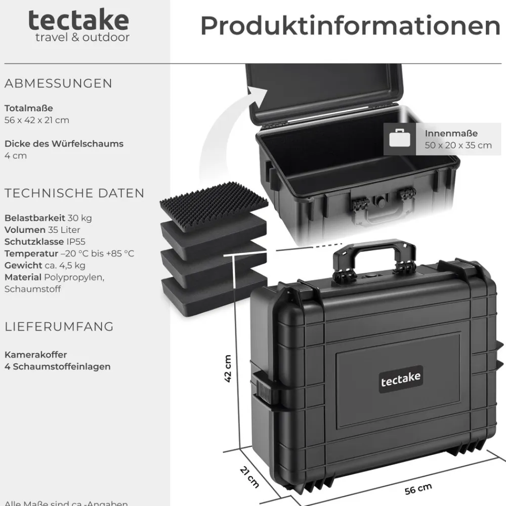 ® Kamerakoffer, aus robuster Hartschale mit 4 dicken Schaumstoffeinlagen, wasserdicht und temperaturbeständig, 56 x 42 x 21 cm ^ TecTake Sale
