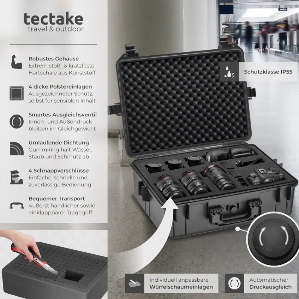 ® Kamerakoffer, aus robuster Hartschale mit 4 dicken Schaumstoffeinlagen, wasserdicht und temperaturbeständig, 56 x 42 x 21 cm ^ TecTake Sale