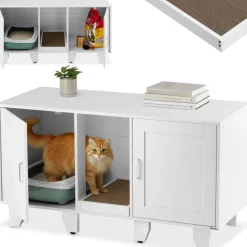 ® Katzenschrank, versteckte Eingänge an den Innenseiten, Belüftungslöcher und 4 höhenverstellbare Beine, inklusive Kratzmatte, 120 x 52 x 65 cm ^ TecTake Best