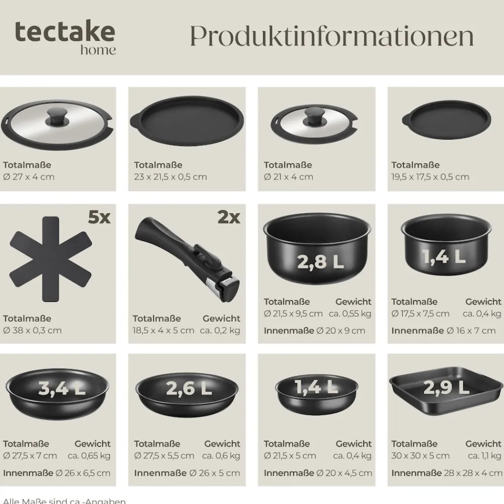 TecTake ® Küchenstarterset, Geschirrset aus Steingut, mit Glasur, hitzebeständig und kratzfest, inklusive Topfschonern und anklemmbaren Griffen