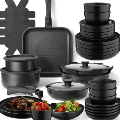 TecTake ® Küchenstarterset, Geschirrset aus Steingut, mit Glasur, hitzebeständig und kratzfest, inklusive Topfschonern und anklemmbaren Griffen