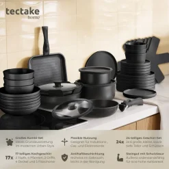 TecTake ® Küchenstarterset, Geschirrset aus Steingut, mit Glasur, hitzebeständig und kratzfest, inklusive Topfschonern und anklemmbaren Griffen