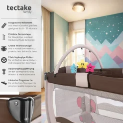 ® Kinder Reisebett, klappbar und höhenverstellbar, 2 Rollen mit Bremsen, inklusive Tragetasche, 132 x 75 x 104 cm ^ TecTake