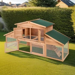 ® Kleintierstall, aus Holz, 4 Türen, Ruhezone und Freilaufbereich, inklusive ausziehbarer Schublade, 226 x 77 x 95,5 cm ^ TecTake New