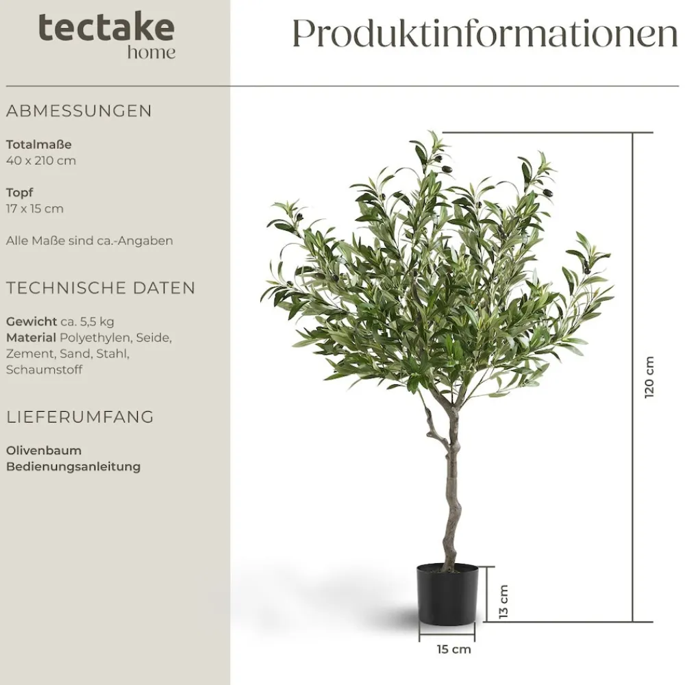 TecTake ® Künstlicher Olivenbaum, verschiedene Größen, mit viel Volumen, stabiler Kunststoff-Blumentopf Clearance