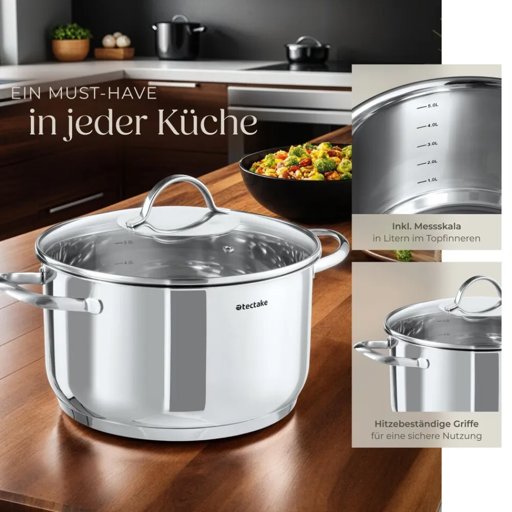 ® Kochtopfset, 7-teilig, aus Edelstahl, für Induktion geeignet, Glasdeckel mit Dampfabzug, integrierte Messskala in den Töpfen ^ TecTake Outlet