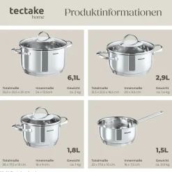 ® Kochtopfset, 7-teilig, aus Edelstahl, für Induktion geeignet, Glasdeckel mit Dampfabzug, integrierte Messskala in den Töpfen ^ TecTake Outlet
