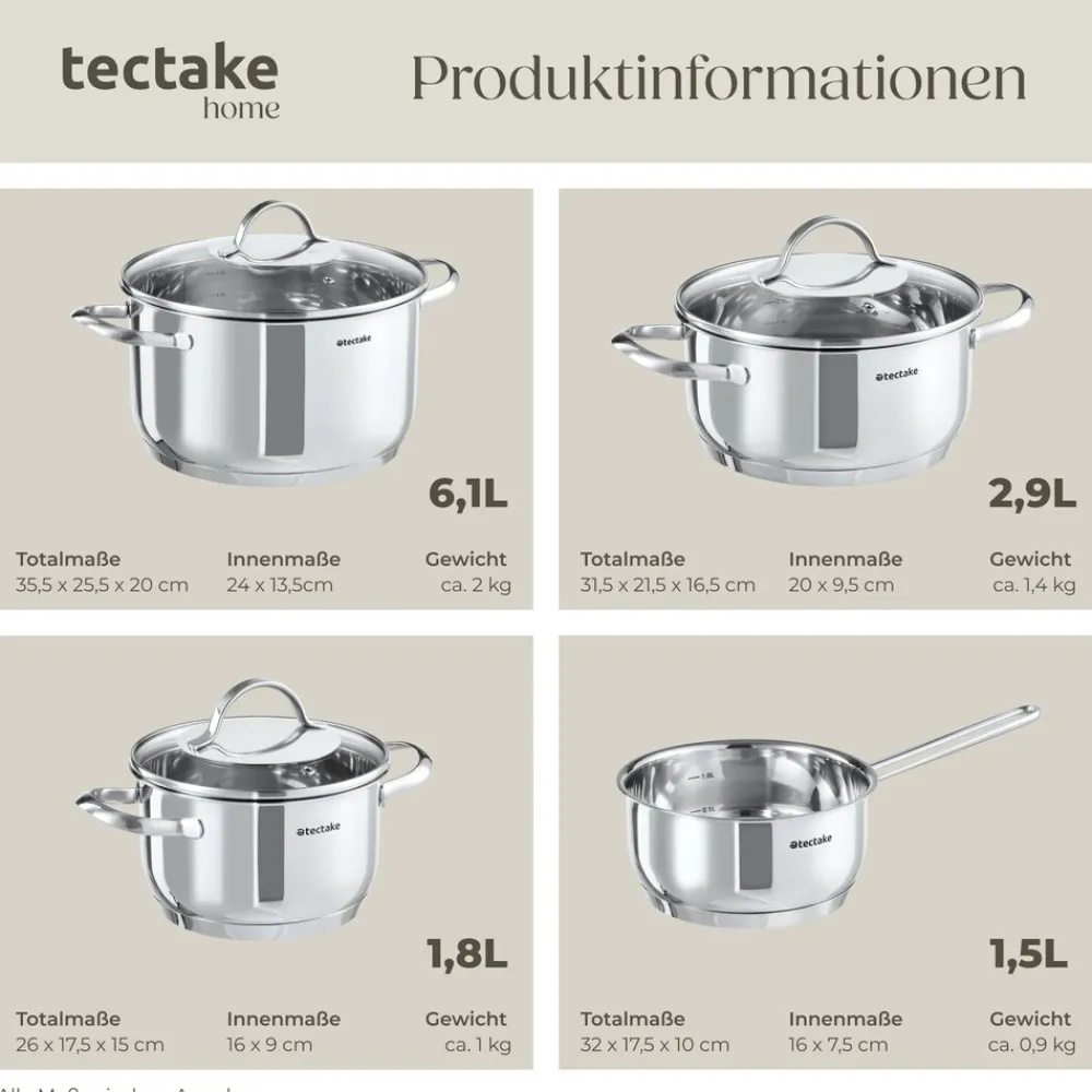 ® Kochtopfset, 7-teilig, aus Edelstahl, für Induktion geeignet, Glasdeckel mit Dampfabzug, integrierte Messskala in den Töpfen ^ TecTake Outlet