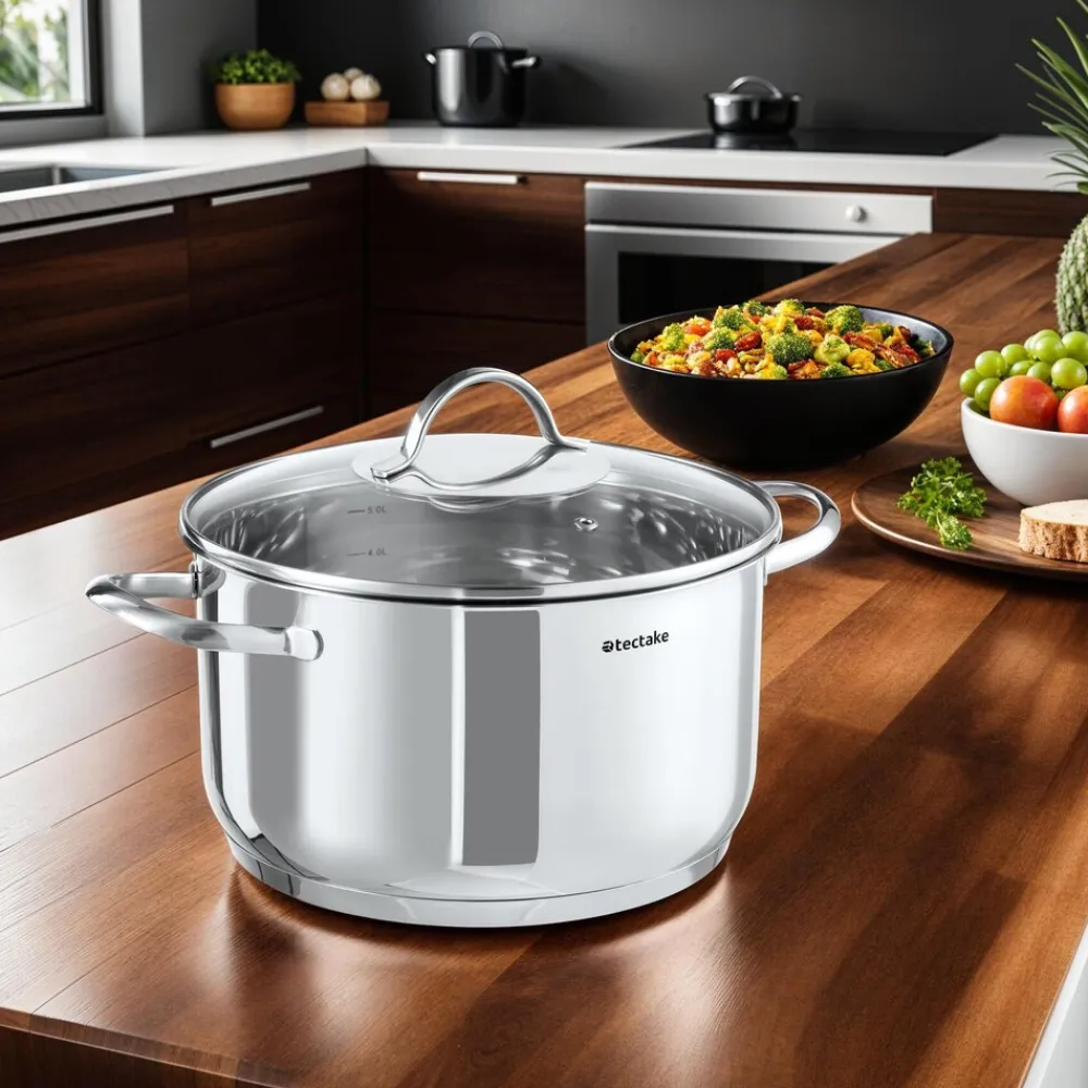 ® Kochtopfset, 7-teilig, aus Edelstahl, für Induktion geeignet, Glasdeckel mit Dampfabzug, integrierte Messskala in den Töpfen ^ TecTake Outlet