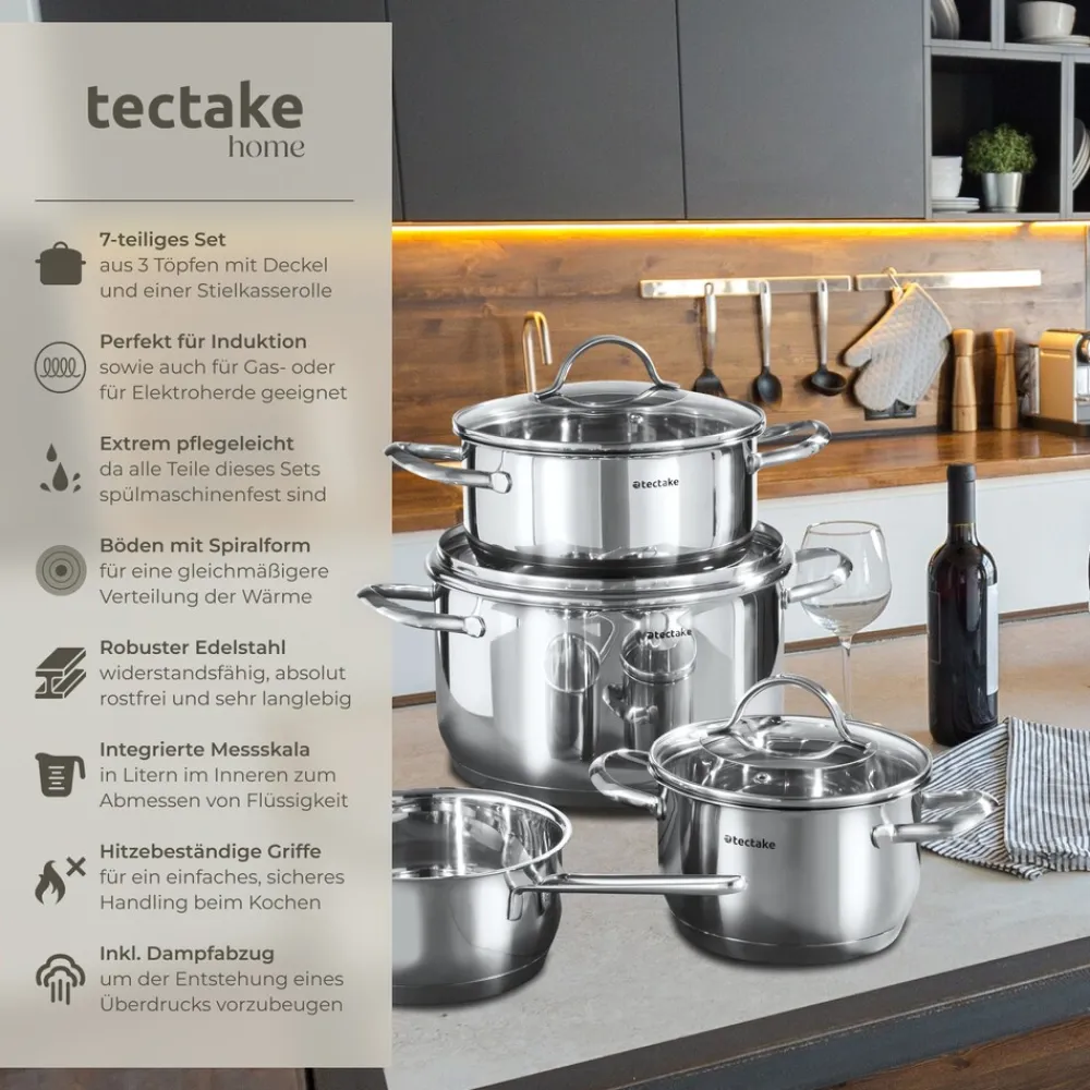 ® Kochtopfset, 7-teilig, aus Edelstahl, für Induktion geeignet, Glasdeckel mit Dampfabzug, integrierte Messskala in den Töpfen ^ TecTake Outlet
