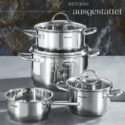 ® Kochtopfset, 7-teilig, aus Edelstahl, für Induktion geeignet, Glasdeckel mit Dampfabzug, integrierte Messskala in den Töpfen ^ TecTake Outlet
