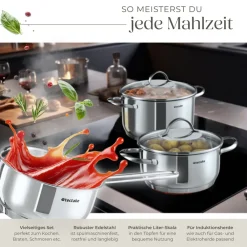 ® Kochtopfset, 7-teilig, aus Edelstahl, für Induktion geeignet, Glasdeckel mit Dampfabzug, integrierte Messskala in den Töpfen ^ TecTake Outlet