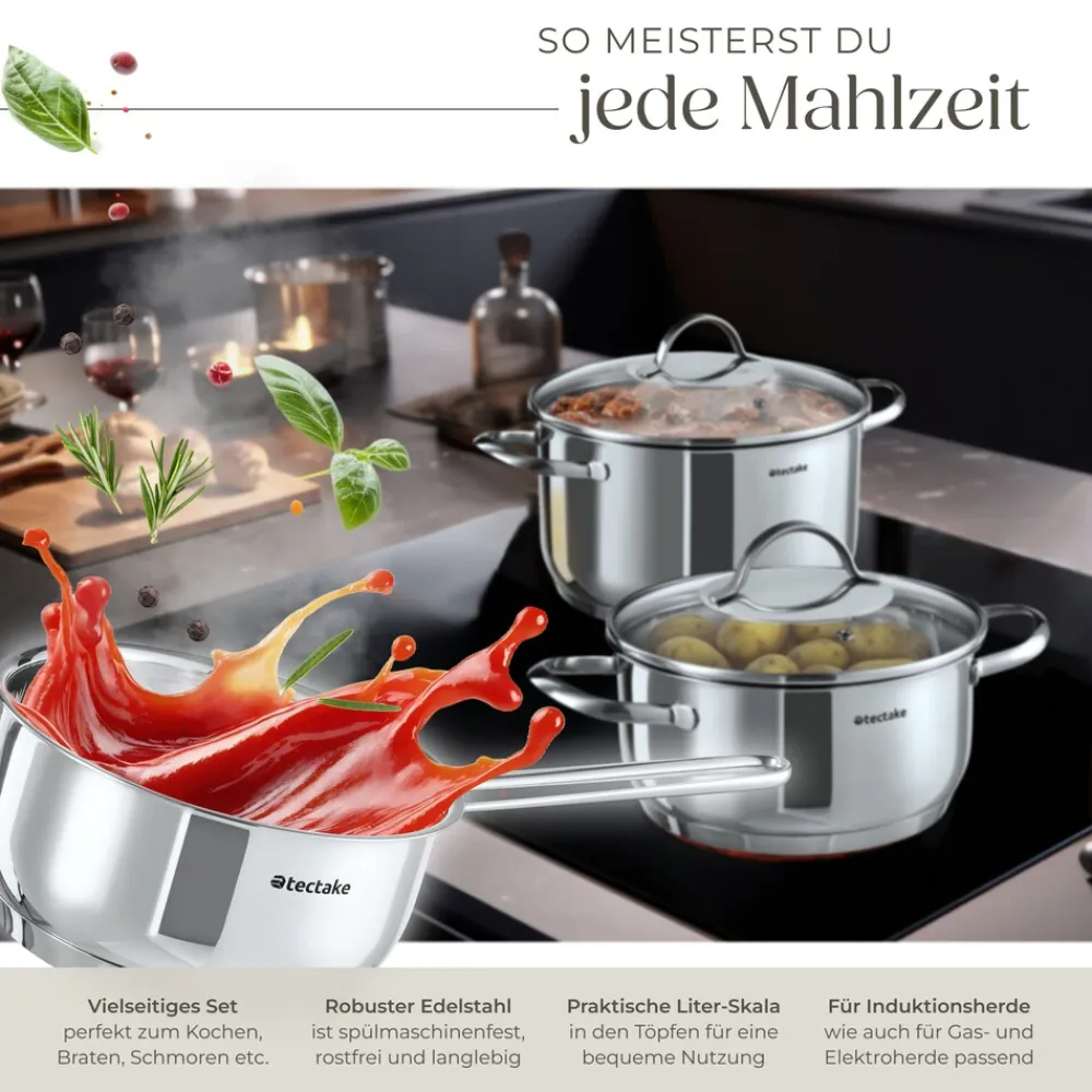® Kochtopfset, 7-teilig, aus Edelstahl, für Induktion geeignet, Glasdeckel mit Dampfabzug, integrierte Messskala in den Töpfen ^ TecTake Outlet