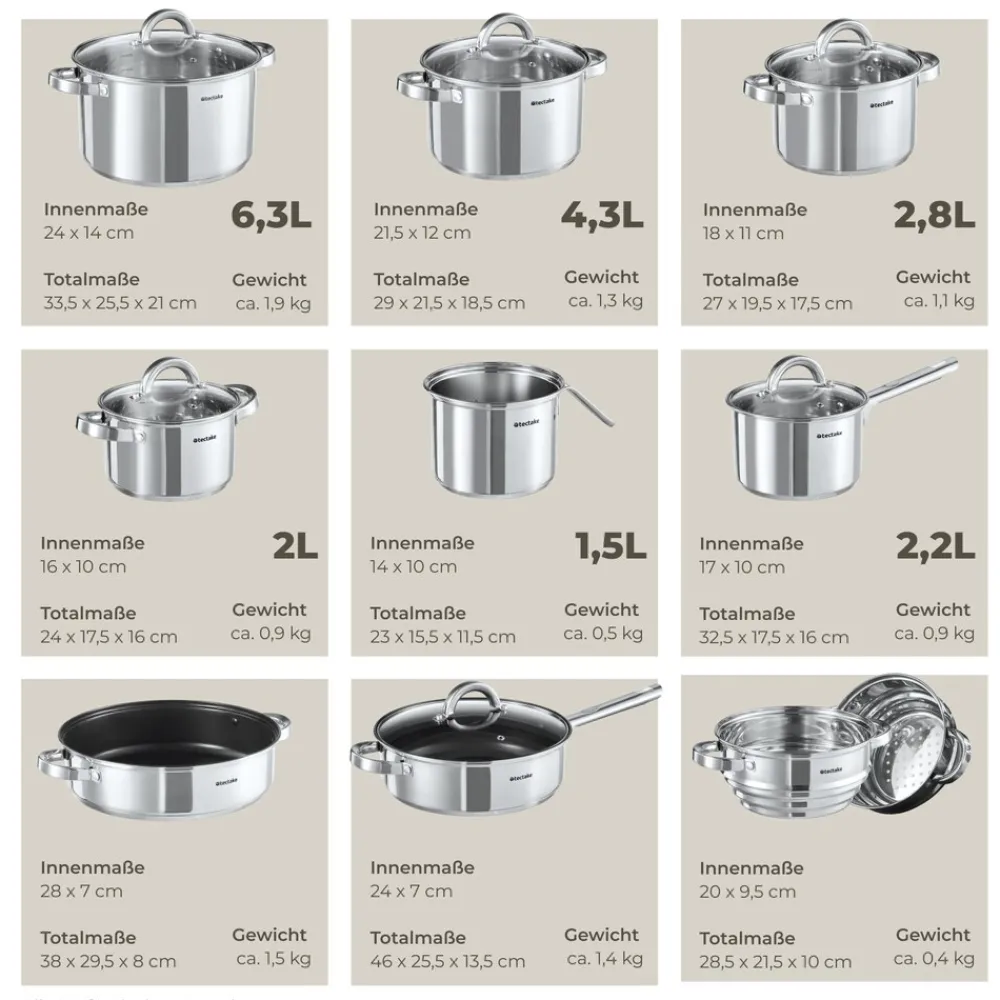 ® Kochtopfset, 15-teilig, aus Edelstahl, für Induktion geeignet, Glasdeckel mit Dampfabzug, integrierte Messskala in den Töpfen ^ TecTake Discount