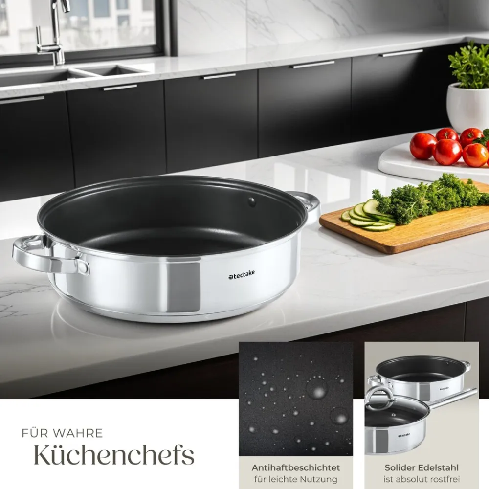 ® Kochtopfset, 15-teilig, aus Edelstahl, für Induktion geeignet, Glasdeckel mit Dampfabzug, integrierte Messskala in den Töpfen ^ TecTake Discount
