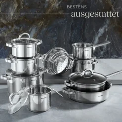 ® Kochtopfset, 15-teilig, aus Edelstahl, für Induktion geeignet, Glasdeckel mit Dampfabzug, integrierte Messskala in den Töpfen ^ TecTake Discount