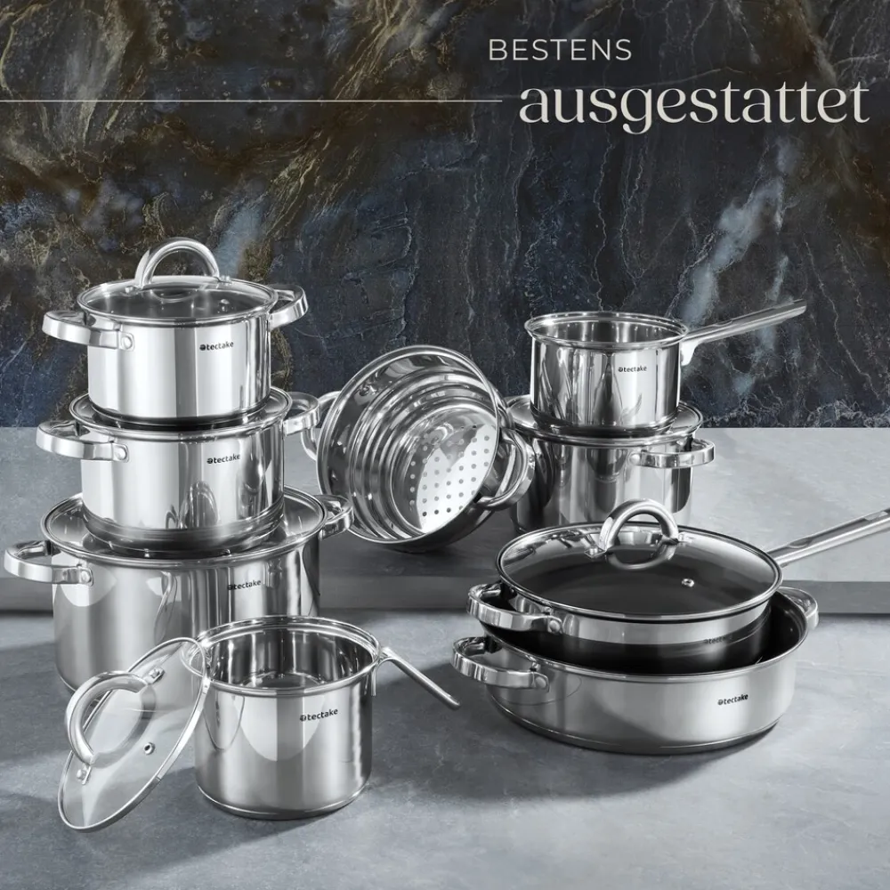 ® Kochtopfset, 15-teilig, aus Edelstahl, für Induktion geeignet, Glasdeckel mit Dampfabzug, integrierte Messskala in den Töpfen ^ TecTake Discount
