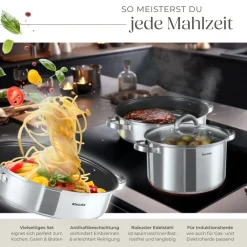 ® Kochtopfset, 15-teilig, aus Edelstahl, für Induktion geeignet, Glasdeckel mit Dampfabzug, integrierte Messskala in den Töpfen ^ TecTake Discount