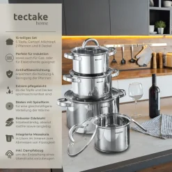 ® Kochtopfset, 15-teilig, aus Edelstahl, für Induktion geeignet, Glasdeckel mit Dampfabzug, integrierte Messskala in den Töpfen ^ TecTake Discount