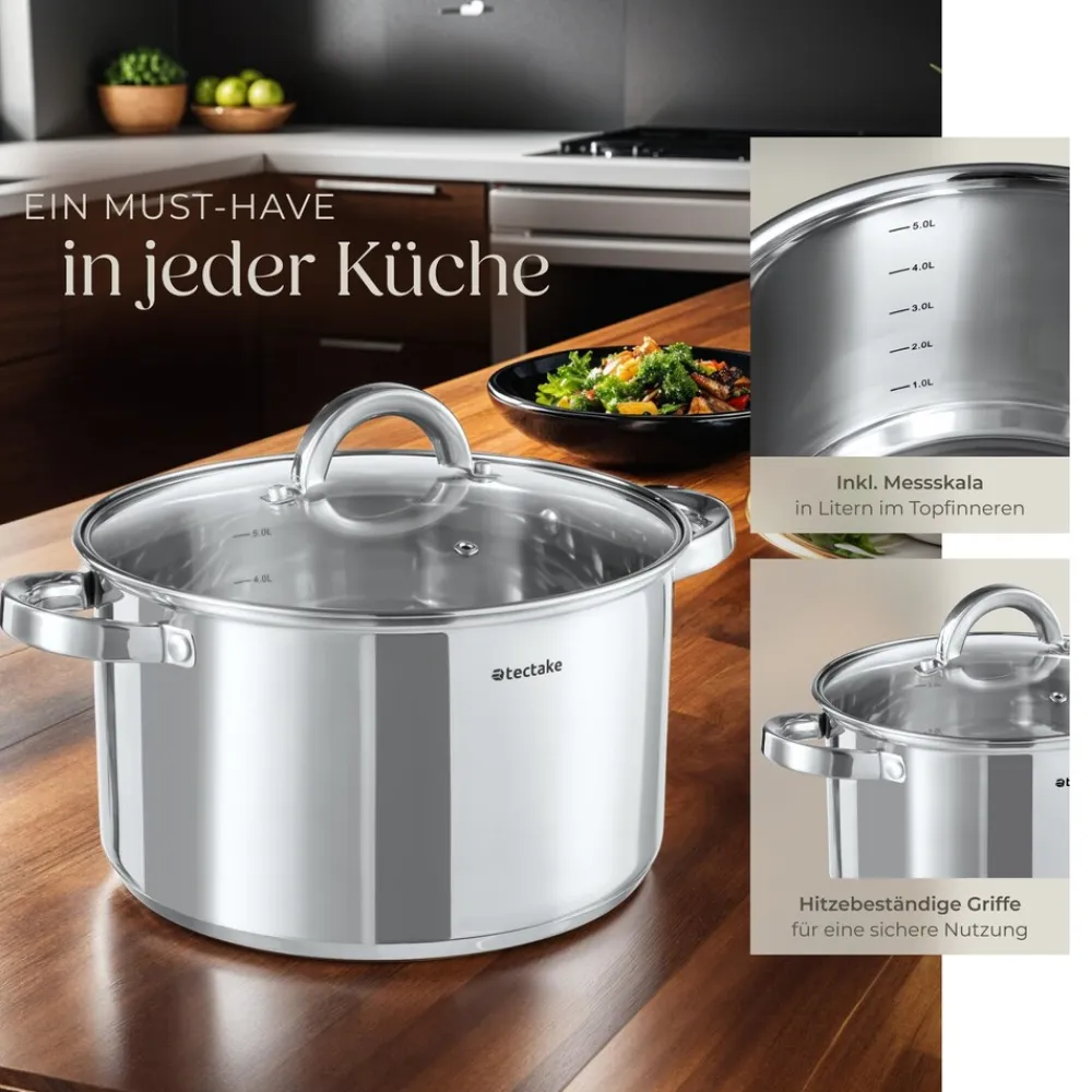 ® Kochtopfset, 15-teilig, aus Edelstahl, für Induktion geeignet, Glasdeckel mit Dampfabzug, integrierte Messskala in den Töpfen ^ TecTake Discount