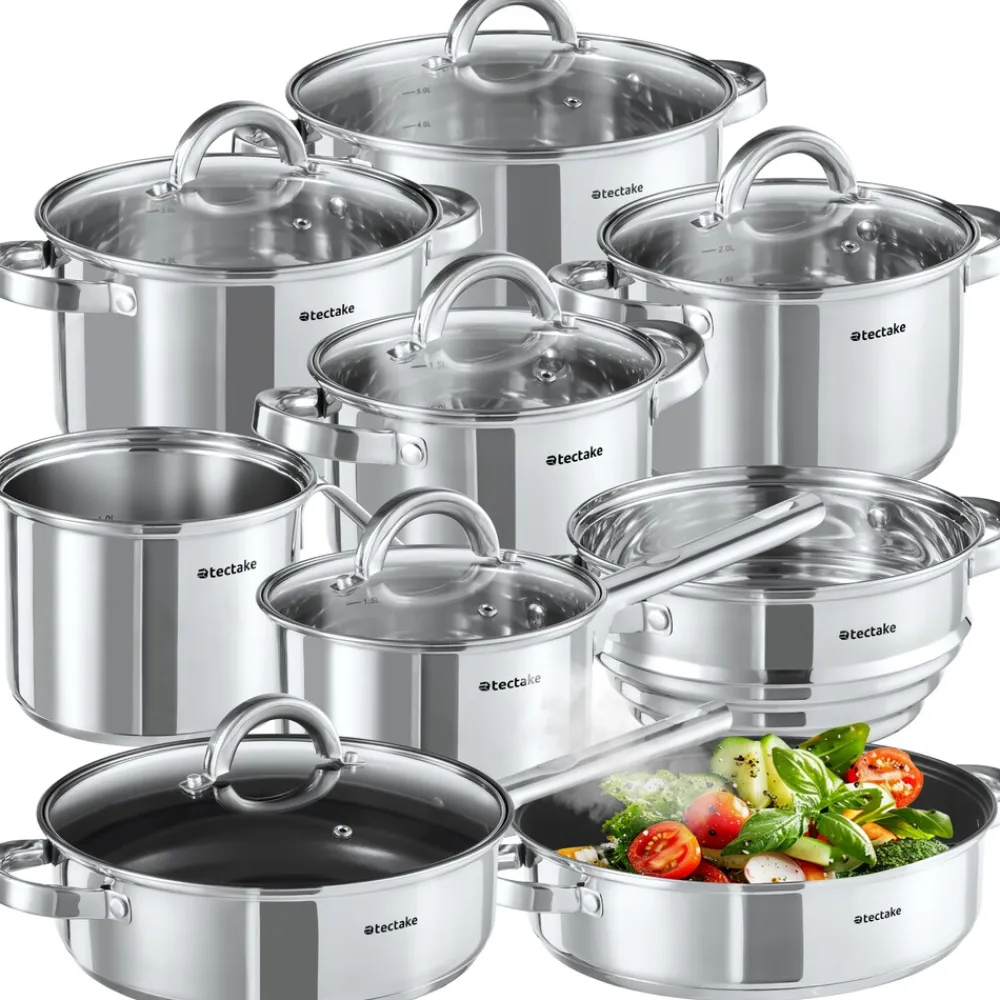 ® Kochtopfset, 15-teilig, aus Edelstahl, für Induktion geeignet, Glasdeckel mit Dampfabzug, integrierte Messskala in den Töpfen ^ TecTake Discount