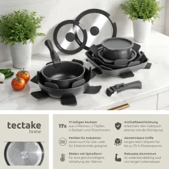 ® Kochtopfset, 17-teilig, für Induktion geeignet, inklusive 2 Glasdeckeln mit Dampfabzug und 2 Silikonabdeckungen, Ofenfest bis 175°C, mit 5 Topfschonern ^ TecTake Clearance