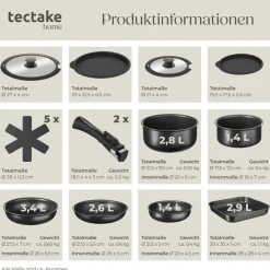 ® Kochtopfset, 17-teilig, für Induktion geeignet, inklusive 2 Glasdeckeln mit Dampfabzug und 2 Silikonabdeckungen, Ofenfest bis 175°C, mit 5 Topfschonern ^ TecTake Clearance