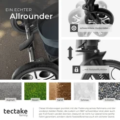 TecTake ® Kombi-Kinderwagen, 2 in 1, klappbar, mit 5-Punkt-Gurt, Bremse, Schutzbügel und Handschlaufe, pulverbeschichteter Aluminiumrahmen, pflegeleichter Stoffbezug, für 0 bis 36 Monate geeignet, Belastbarkeit 15 kg anthrazit Discount