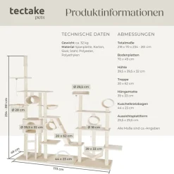 ® Kratzbaum, 234 bis 261 cm, mit Katzenhaus, inklusive 2 Treppen, 2 Spielkordeln, Kratzbogen, Deckenspanner und Kippschutz ^ TecTake Sale
