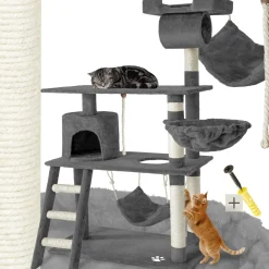 TecTake ® Kratzbaum, 141 cm, mit Katzenhaus, inklusive Treppe, Spielkordel und Kippschutz grau Outlet