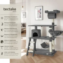 TecTake ® Kratzbaum, 141 cm, mit Katzenhaus, inklusive Treppe, Spielkordel und Kippschutz grau Outlet