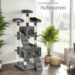 TecTake ® Kratzbaum, 170 cm, mit 2 Katzenhäusern, inklusive 2 Treppen und Kippschutz grau Clearance