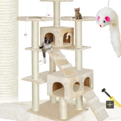 TecTake ® Kratzbaum, 186 cm, mit 2 Katzenhäusern, inklusive 2 Treppen, 4 Spielmäusen und Kippschutz beige Clearance