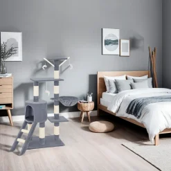 ® Kratzbaum, 144 cm, mit Katzenhaus, inklusive Treppe, 3 Spielmäusen und Kippschutz ^ TecTake Online
