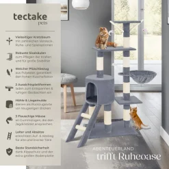 ® Kratzbaum, 144 cm, mit Katzenhaus, inklusive Treppe, 3 Spielmäusen und Kippschutz ^ TecTake Online