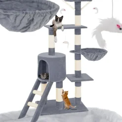 ® Kratzbaum, 144 cm, mit Katzenhaus, inklusive Treppe, 3 Spielmäusen und Kippschutz ^ TecTake Online