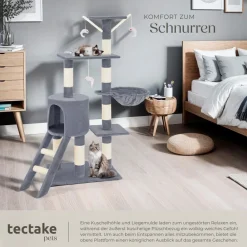 ® Kratzbaum, 144 cm, mit Katzenhaus, inklusive Treppe, 3 Spielmäusen und Kippschutz ^ TecTake Online