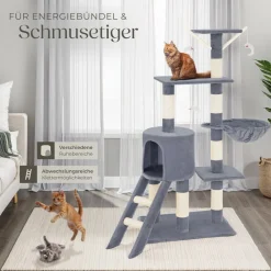 ® Kratzbaum, 144 cm, mit Katzenhaus, inklusive Treppe, 3 Spielmäusen und Kippschutz ^ TecTake Online