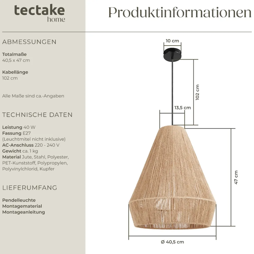 ® Pendelleuchte, Boho-Stil, Wickeltechnik, 40 W, Stahlgestell, 40,5 x 47 cm ^ TecTake