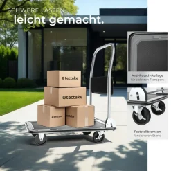 ® Plattformwagen, klappbarer Handgriff mit Aufbewahrungsfach, rutschfeste Auflage und gummierter Kantenschutz, Ladefläche 73 x 47 cm, extra Befestigungsösen ^ TecTake Discount