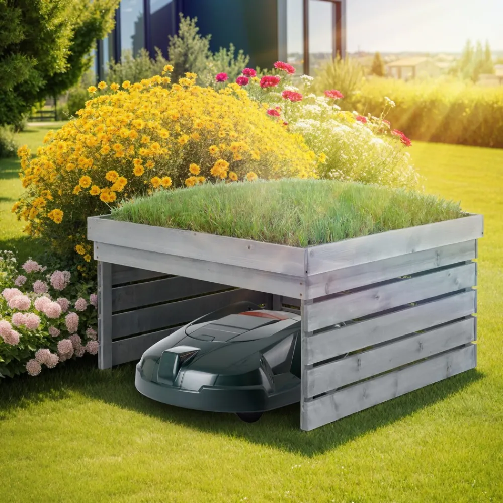 ® Rasenmäher-Roboter-Garage , gebeizte Kiefernlatten, wetterfest, Dach zum Bepflanzen, 84 x 78 x 46 cm ^ TecTake New